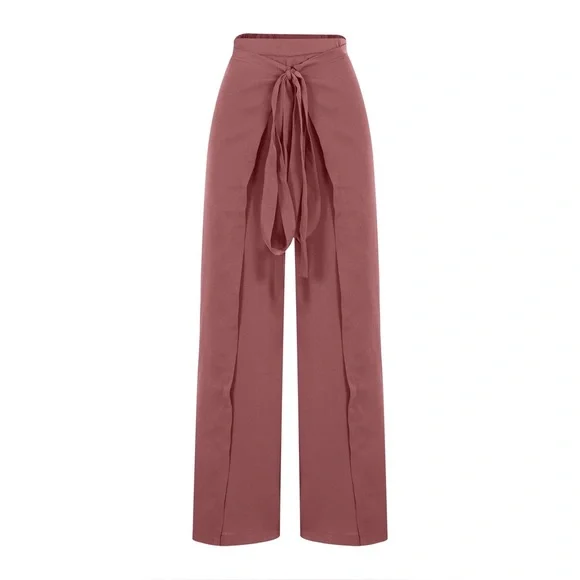 Essue Tulip High Rise Wide Leg Flowy Palazzo Slit Pants in Mauve/Brick, Medium - Picture 2 of 10
